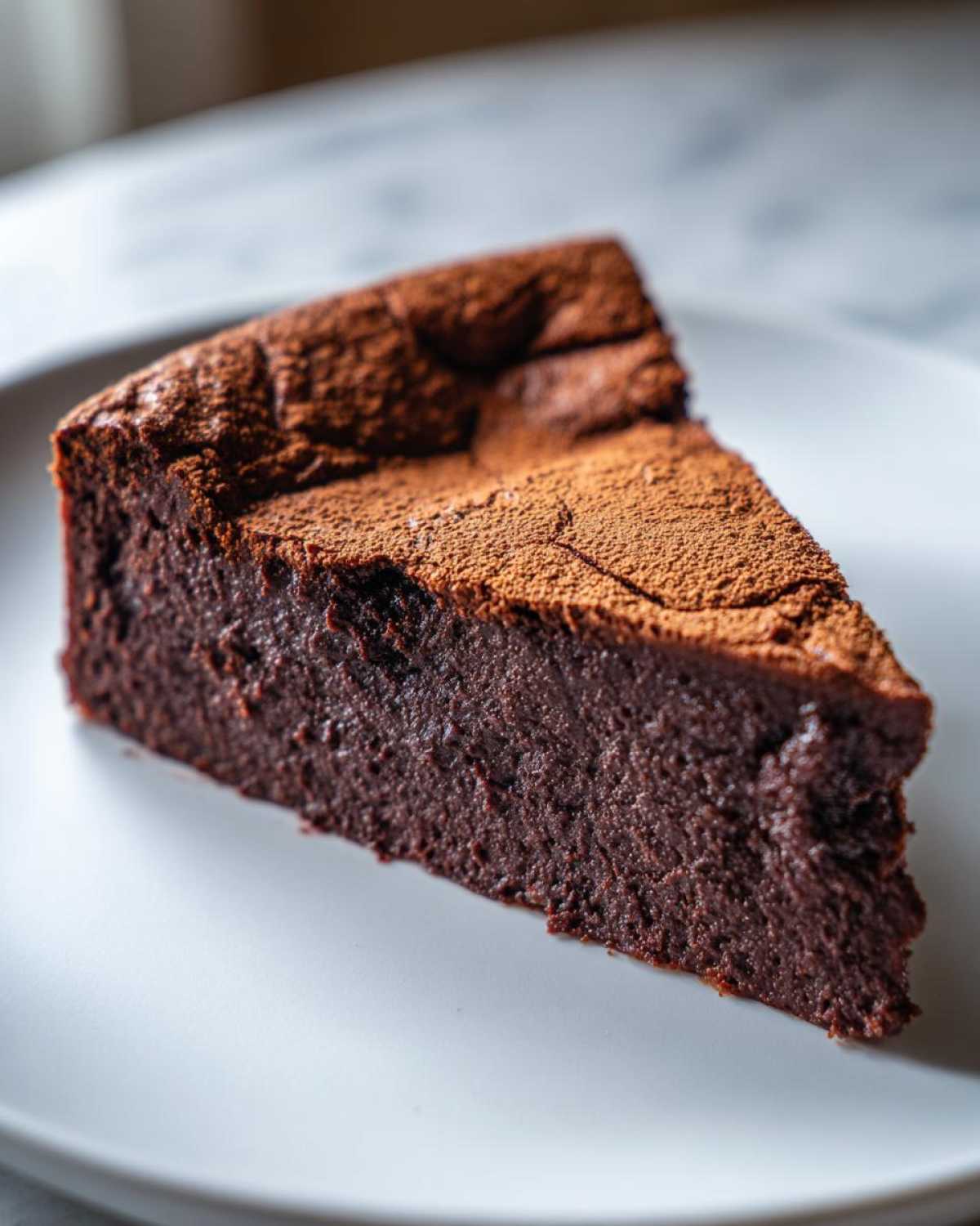 A close-up of a dense, rich slice of flourless chocolate cake dusted lightly with cocoa powder, served on a white plate.