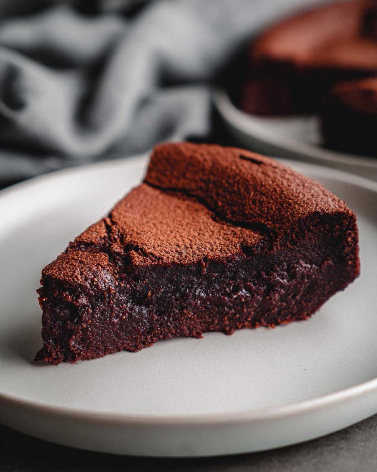 A close-up of a dense, fudgy slice of flourless chocolate cake dusted with cocoa powder on a light plate.