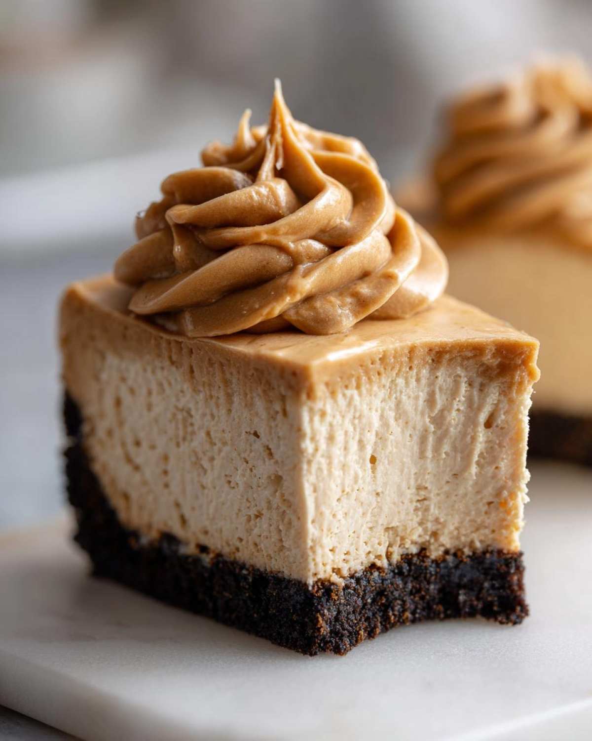 Close-up of a rich slice of biscoff cheesecake with a dark crust and a piped swirl of creamy topping.