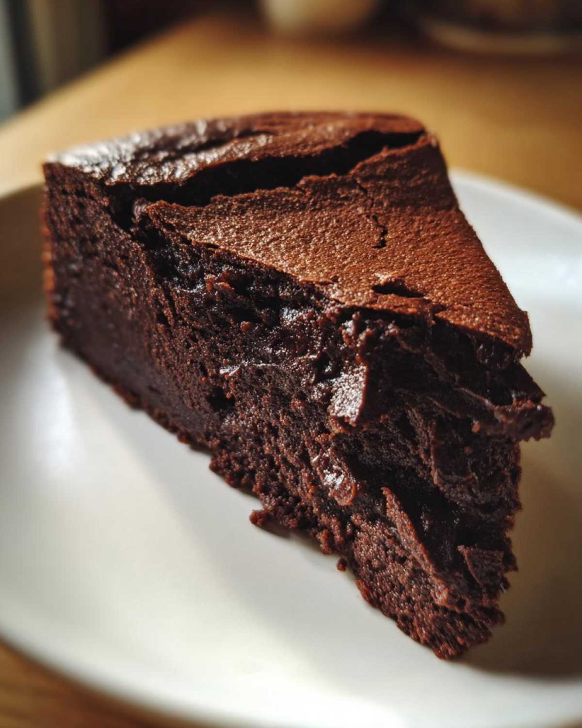 A close-up of a dense, fudgy slice of flourless chocolate cake on a white plate.