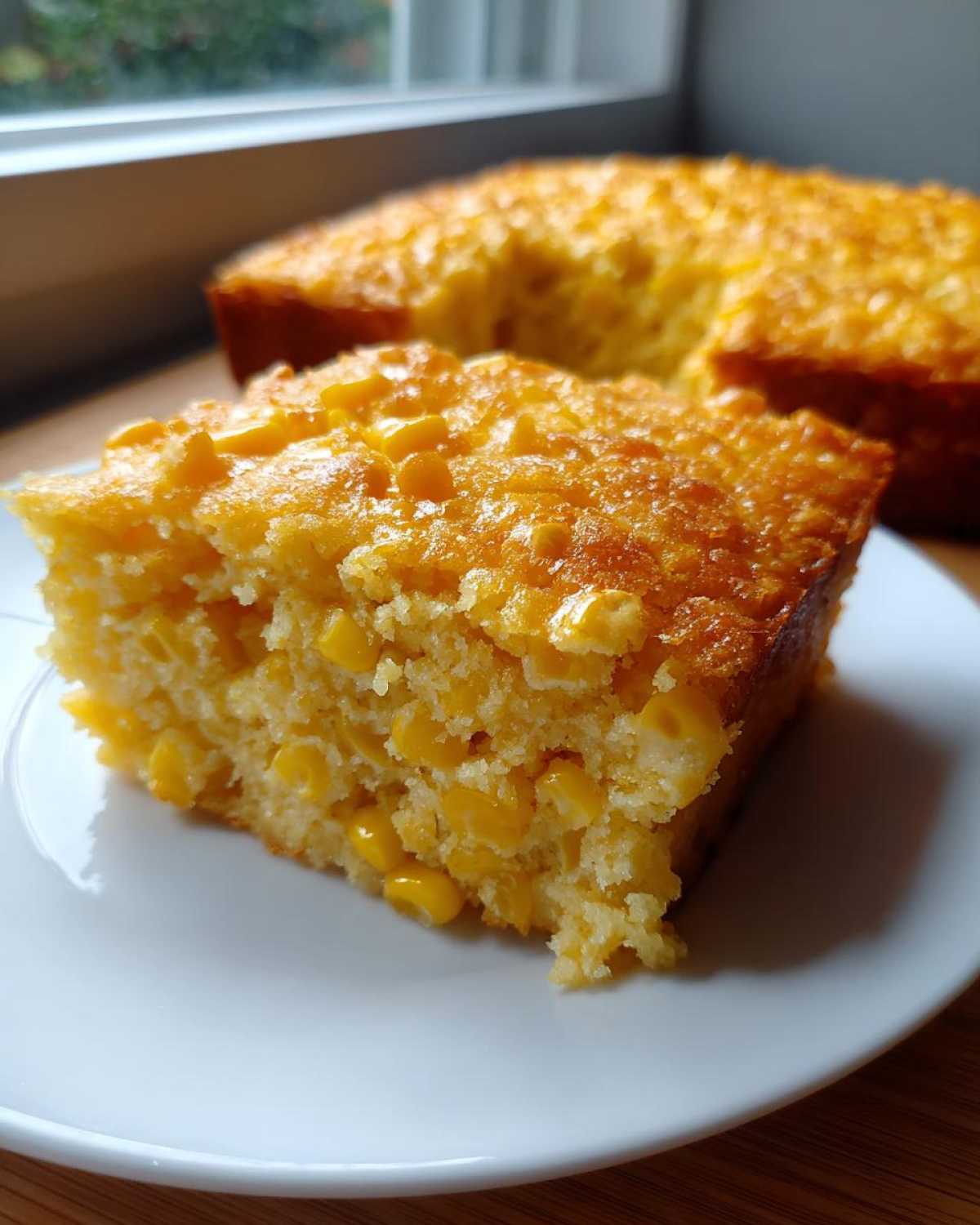 A close-up view of a square slice of moist jiffy corn casserole, loaded with corn kernels, served on a white plate.