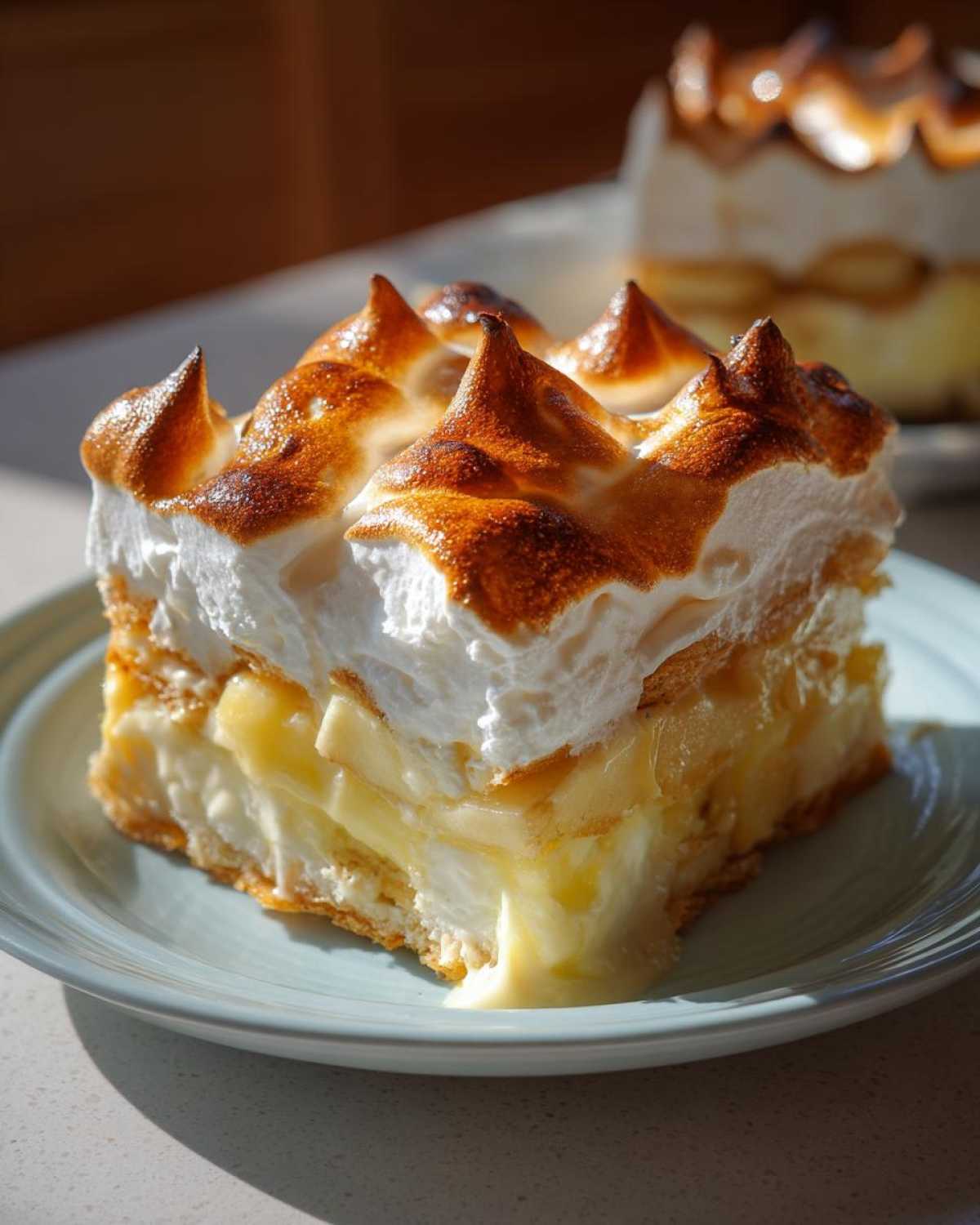 A close-up slice of old-fashioned banana pudding featuring layers of custard, bananas, wafers, and torched meringue topping.
