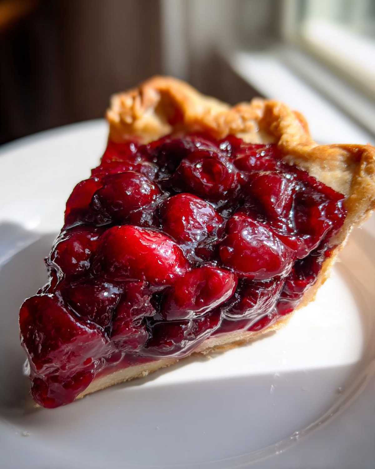 A close-up of a slice of pie generously filled with thick, glossy cherry pie filling, sitting on a white plate.