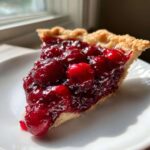 Close-up of a slice of pie featuring thick cherry pie filling with whole, glossy cherries.