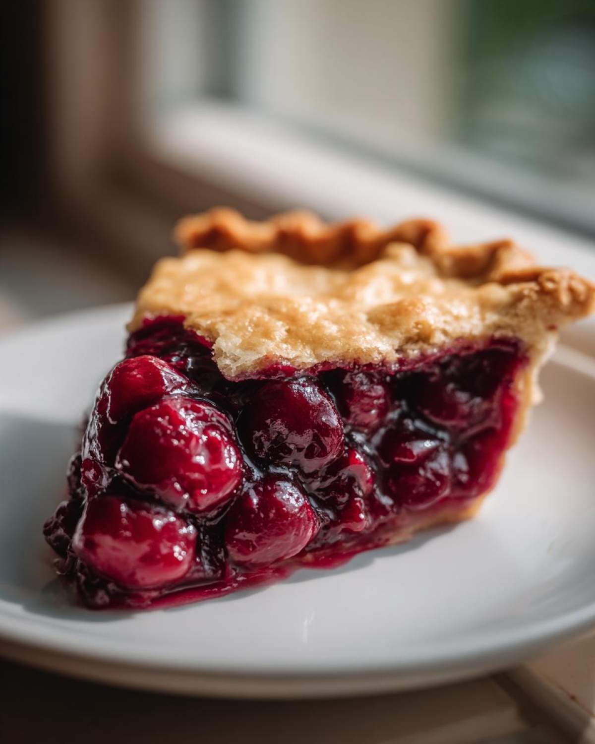 A close-up of a slice of pie showing the thick, glossy cherry pie filling and golden crust.