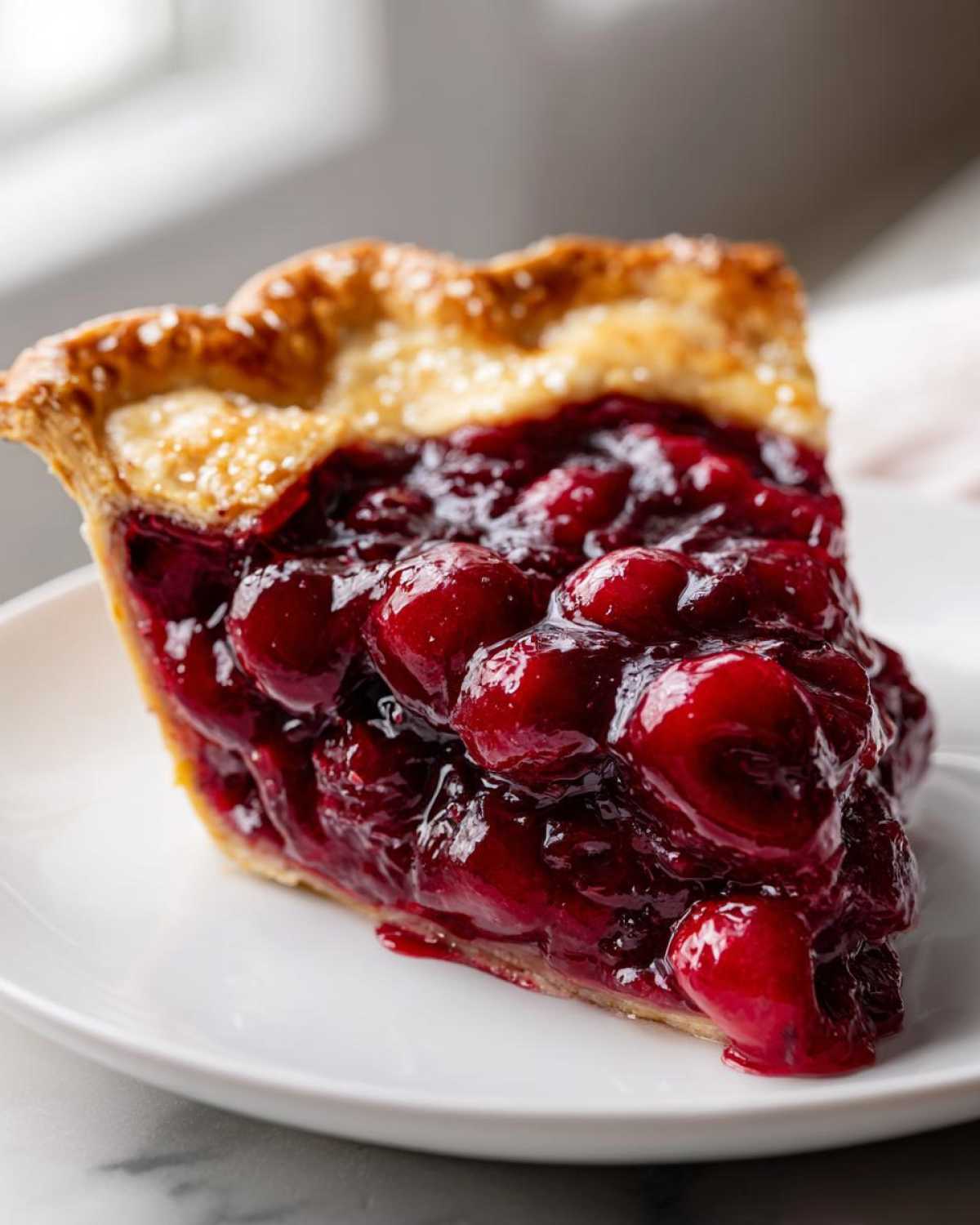 Close-up of a thick slice of cherry pie showcasing glossy, whole cherries in rich cherry pie filling and a golden crust.