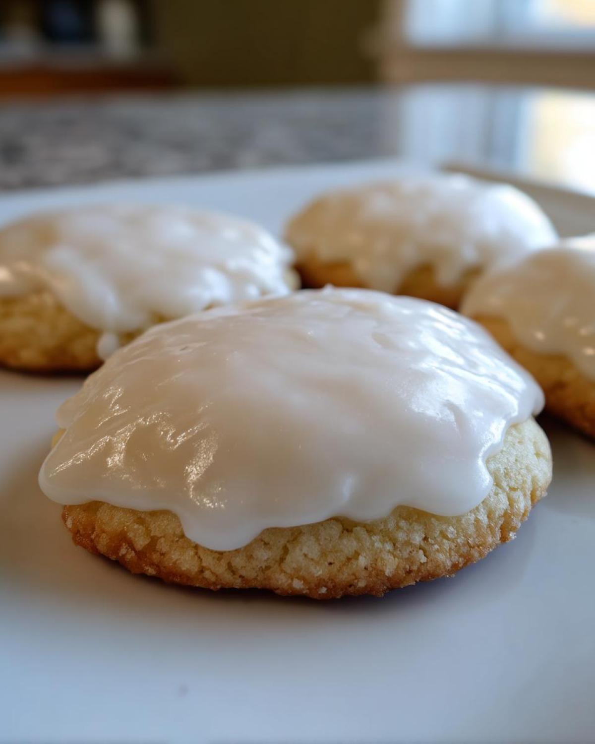 Close-up of a soft, golden cookie topped with a generous layer of thick, white cookie icing.