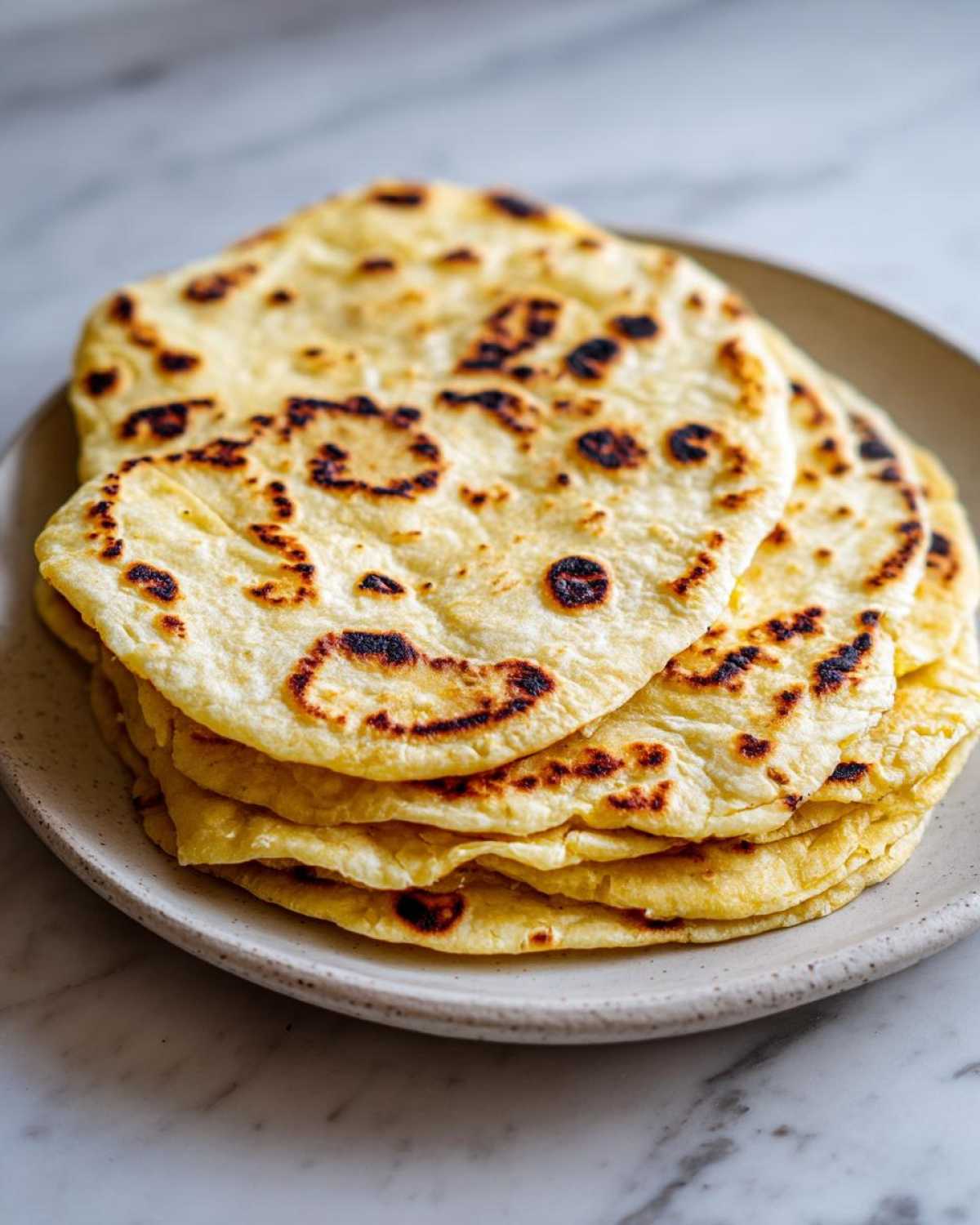 A stack of freshly made, soft corn tortillas with charred spots resting on a speckled ceramic plate.