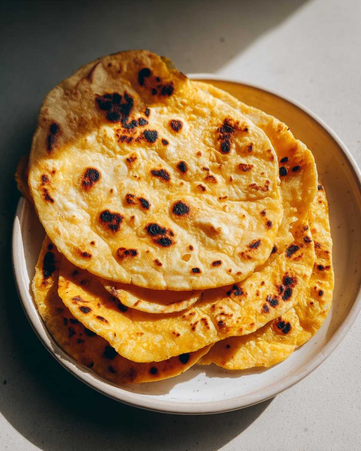 A stack of warm, freshly cooked soft corn tortillas with charred spots on a light ceramic plate.