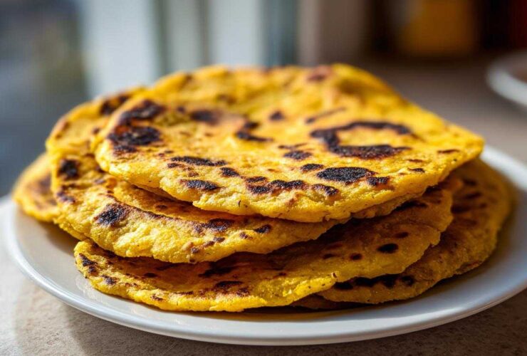 A stack of four golden yellow, slightly charred soft corn tortillas resting on a white plate.
