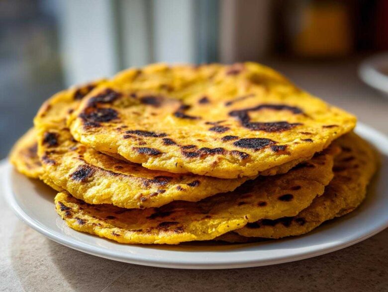 A stack of four golden yellow, slightly charred soft corn tortillas resting on a white plate.
