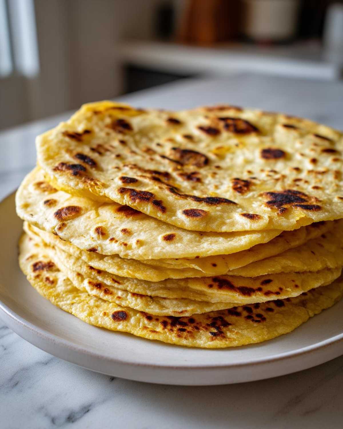 A stack of freshly made, soft corn tortillas with light char marks resting on a white plate.