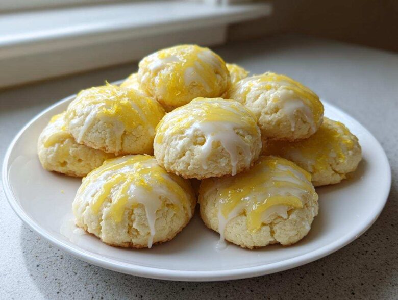 A pile of soft ricotta cookies drizzled with white glaze and topped with bright yellow lemon zest.