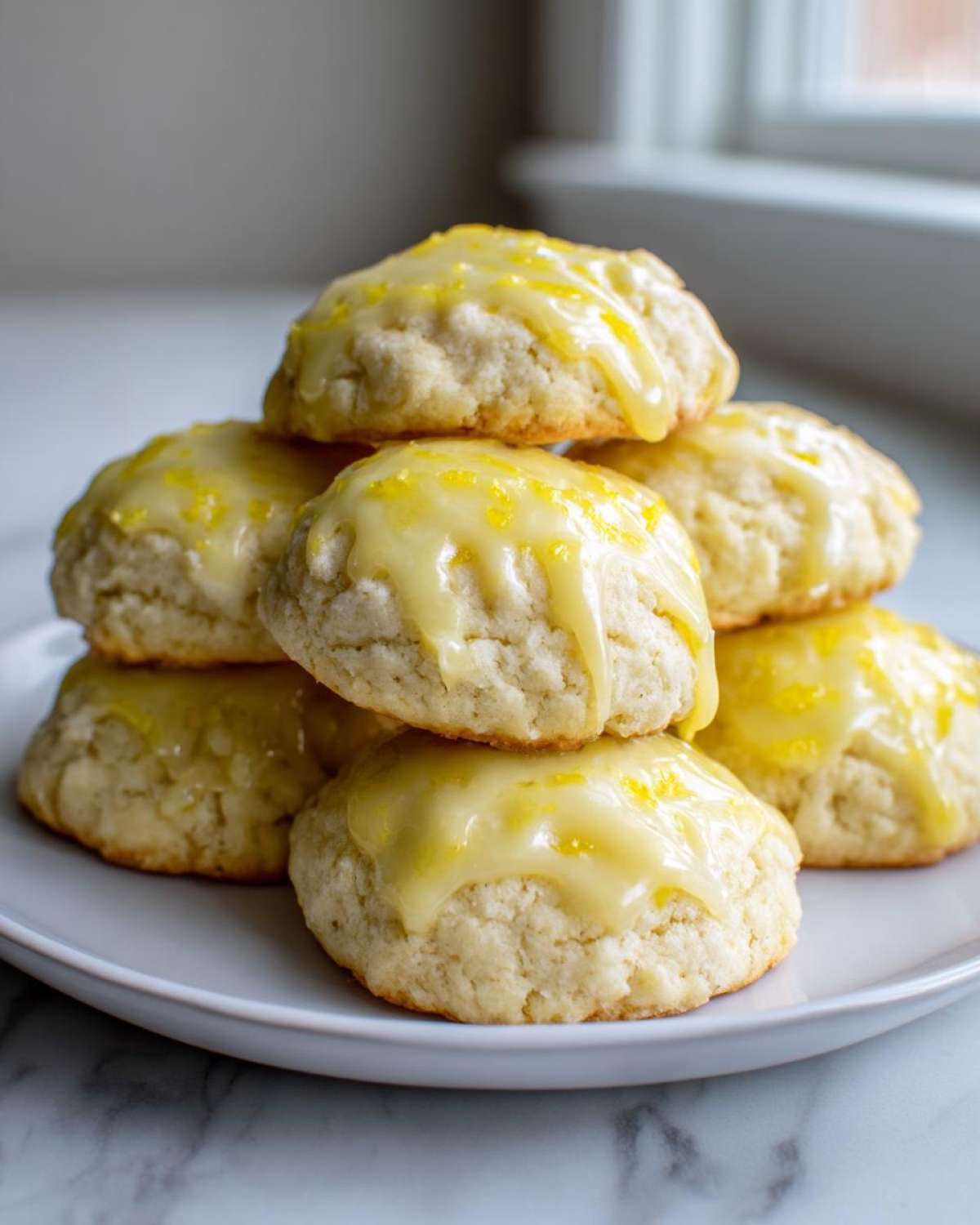 A stack of soft, round ricotta cookies topped with a bright yellow lemon glaze and zest.
