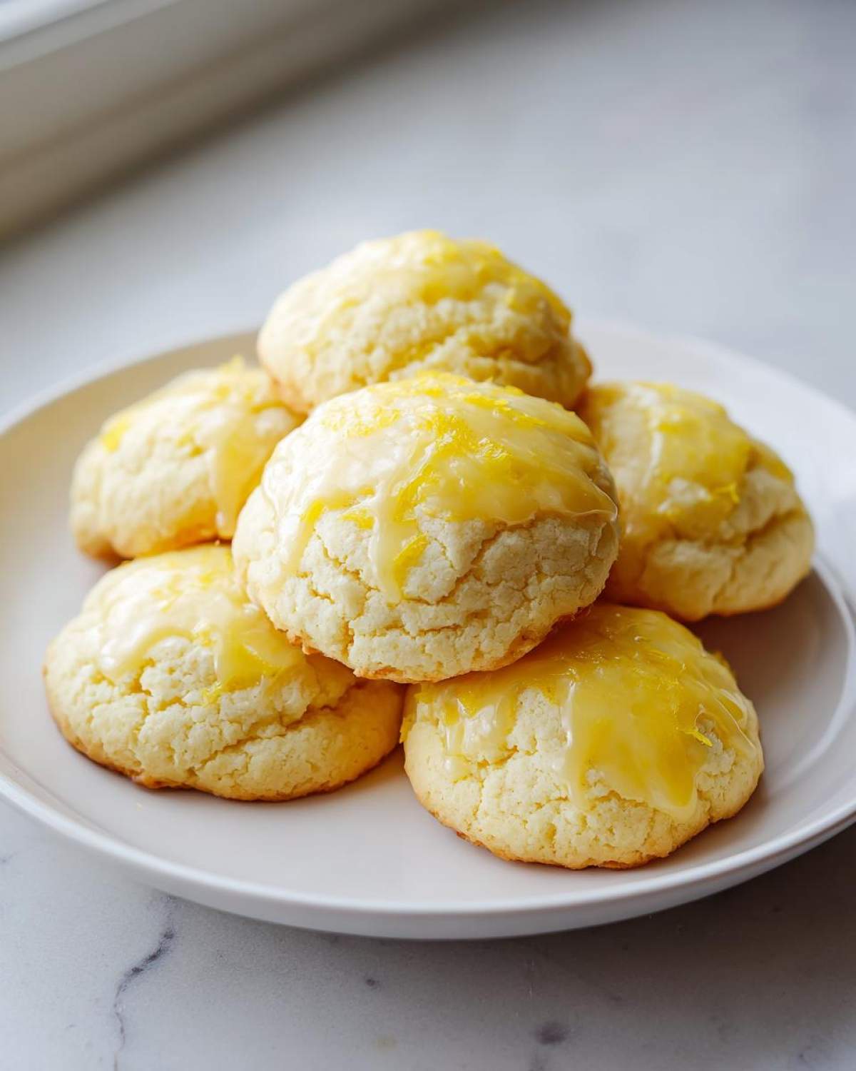 A stack of soft, light yellow ricotta cookies topped with a bright lemon glaze and zest.