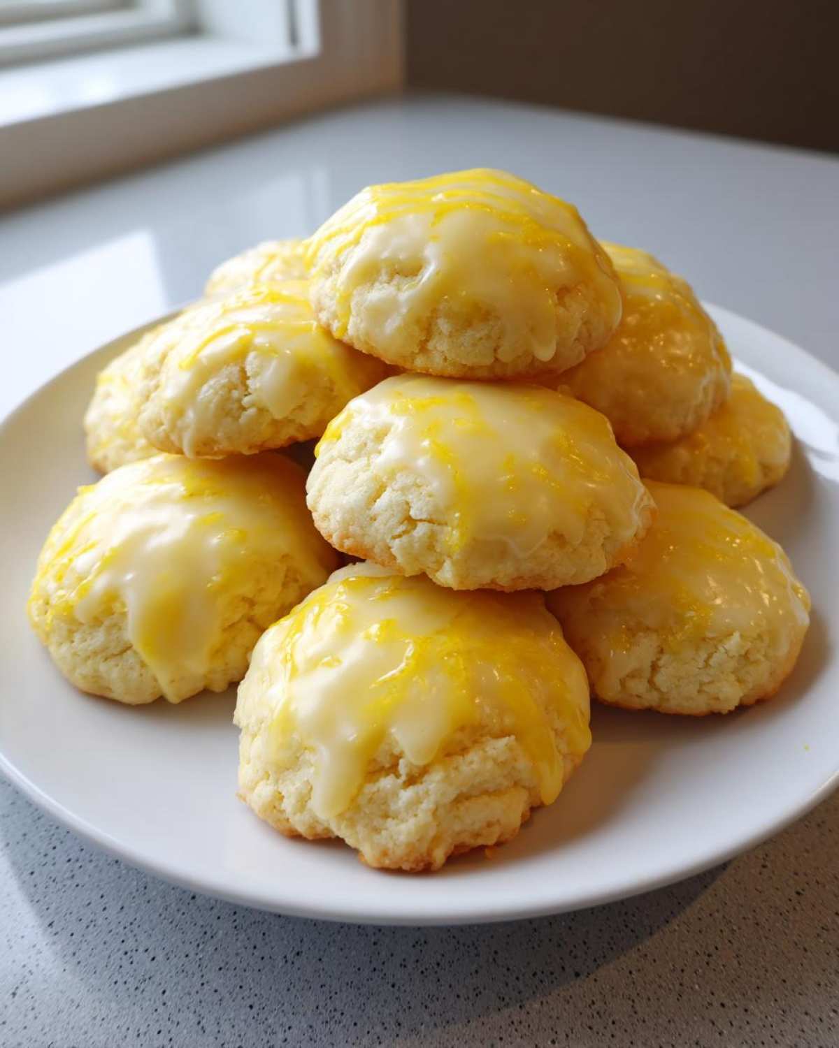 A stack of soft, puffy ricotta cookies topped with a thick, bright yellow lemon glaze.
