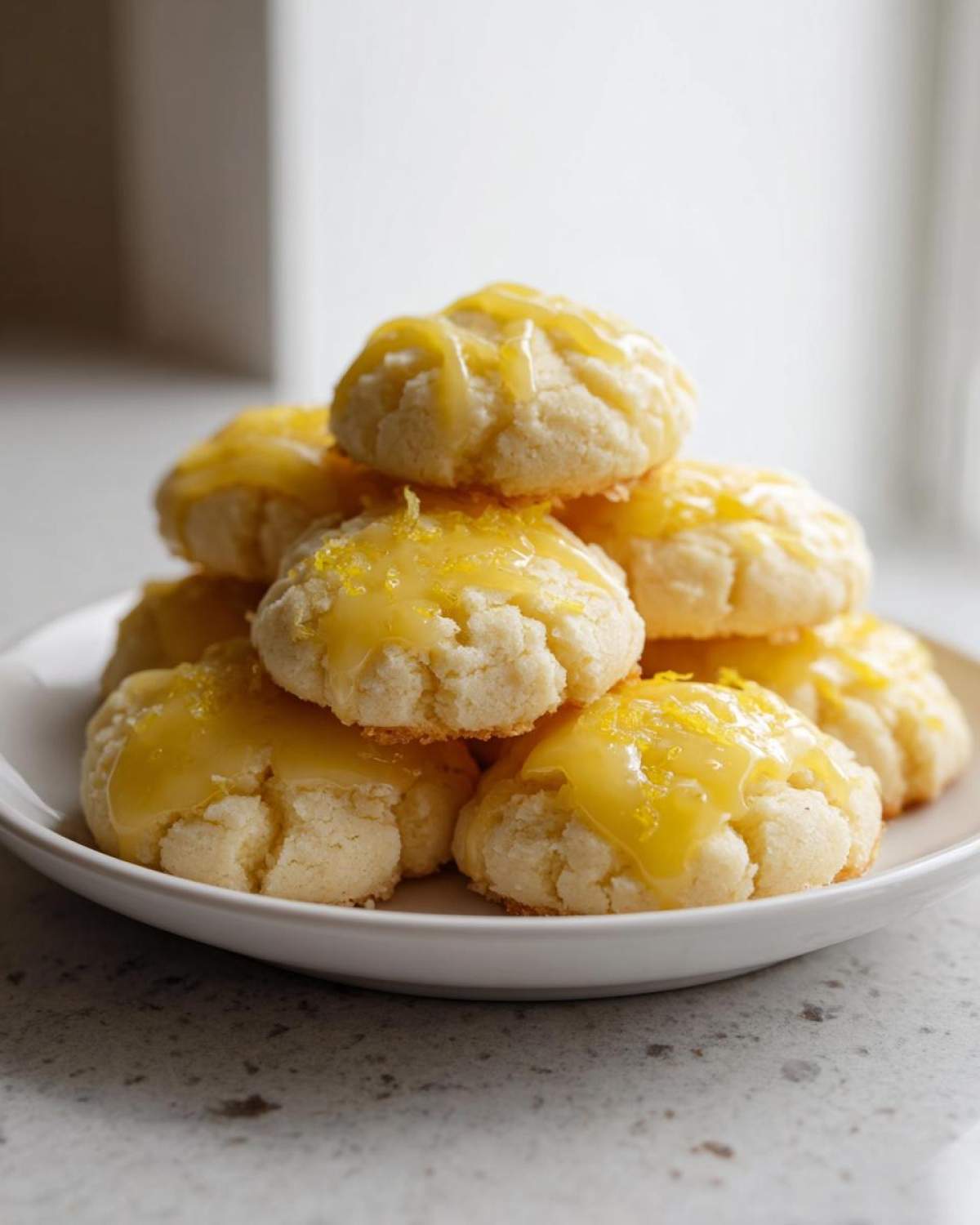 A stack of soft ricotta cookies topped with a bright yellow lemon glaze and zest.
