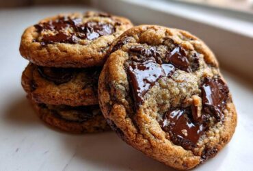 Close-up of freshly baked sourdough chocolate chip cookies, featuring melted chocolate pools and a golden-brown edge.