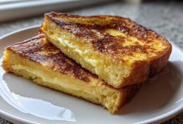 Two slices of golden brown sourdough french toast stacked, revealing a creamy filling inside.