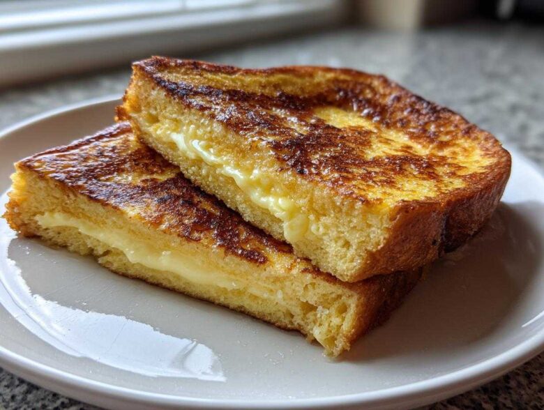 Two slices of golden brown sourdough french toast stacked, revealing a creamy filling inside.