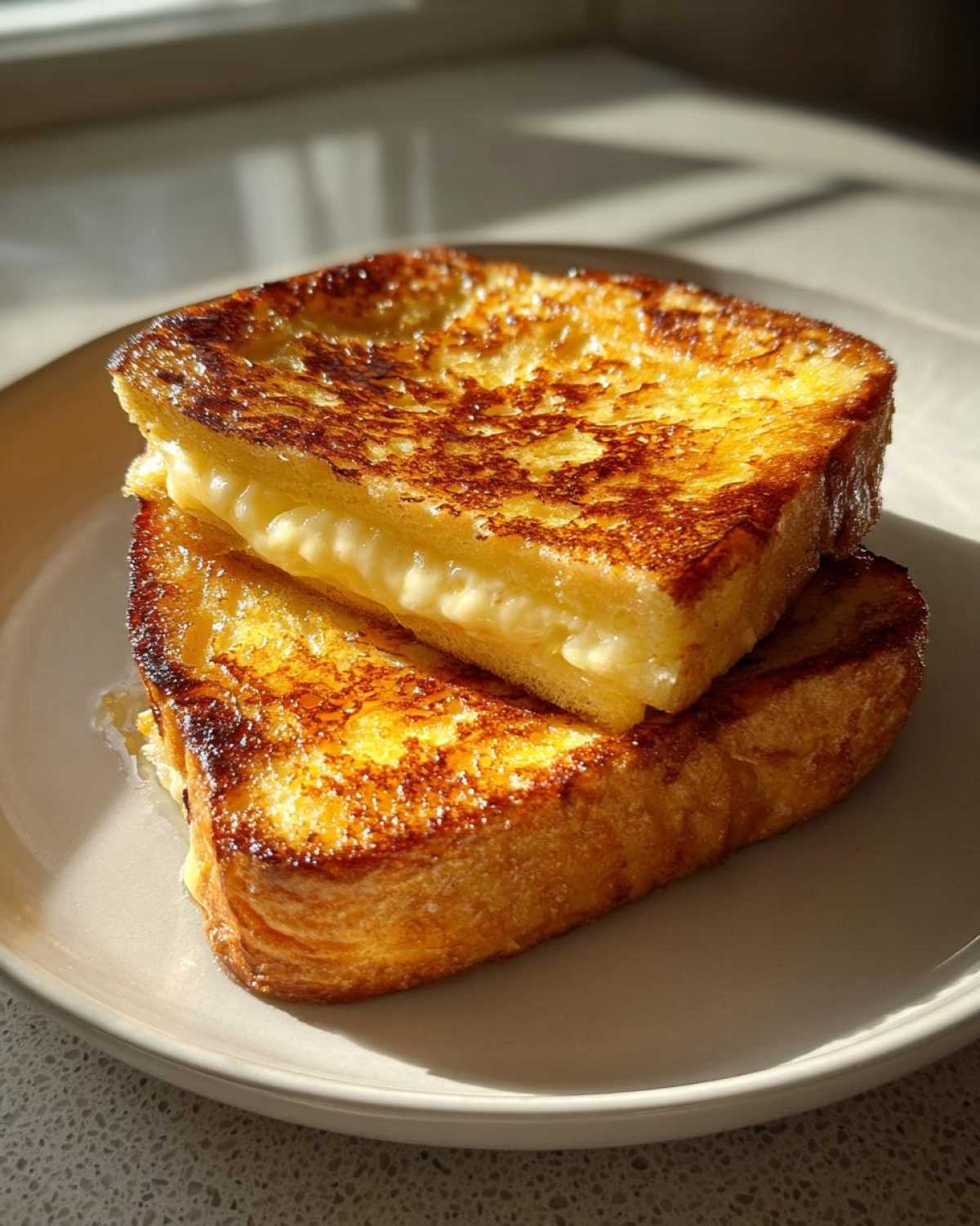 Two thick slices of golden brown sourdough french toast stacked, showing a creamy filling oozing out.