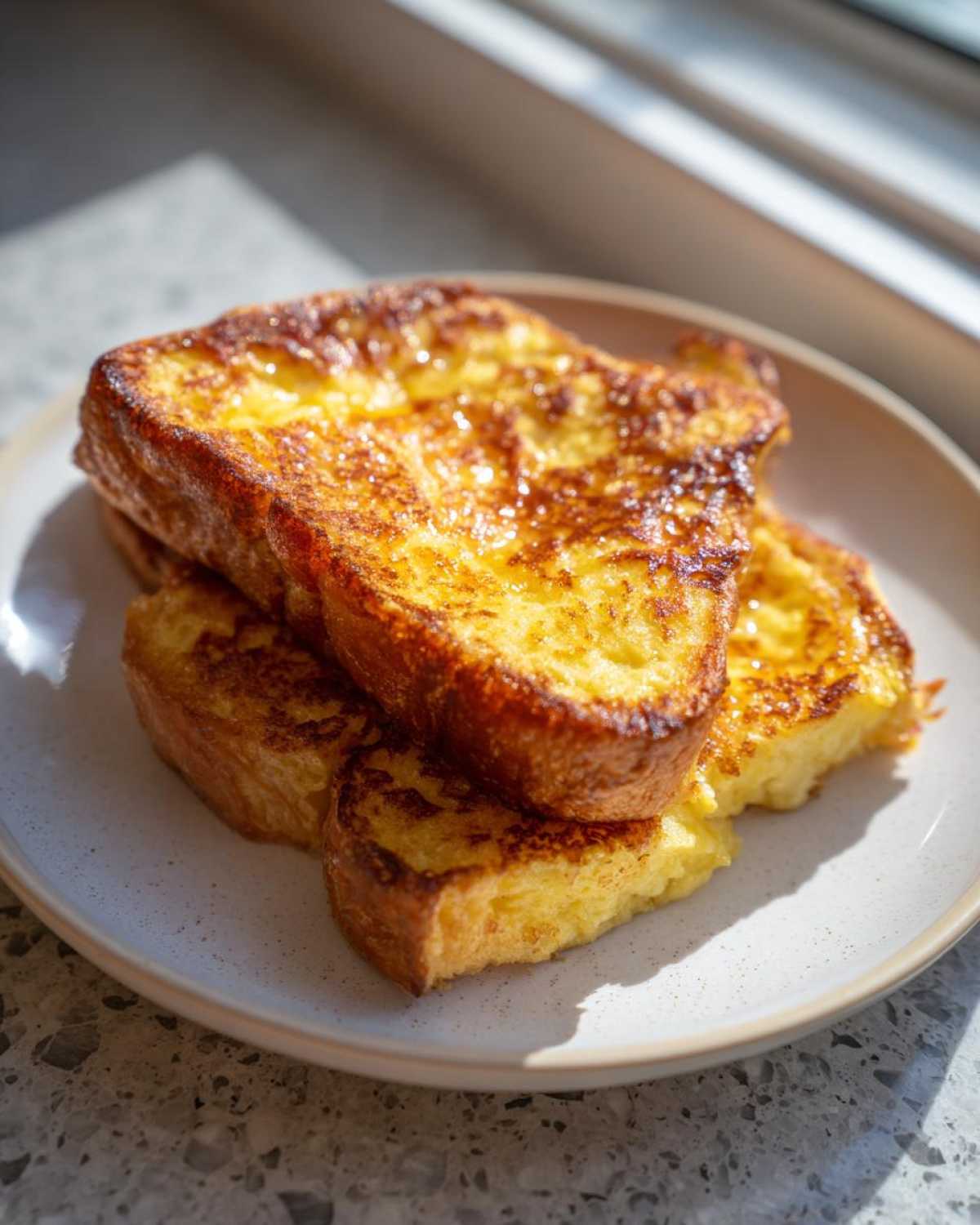 A stack of golden brown sourdough french toast slices glistening with syrup on a light speckled plate.