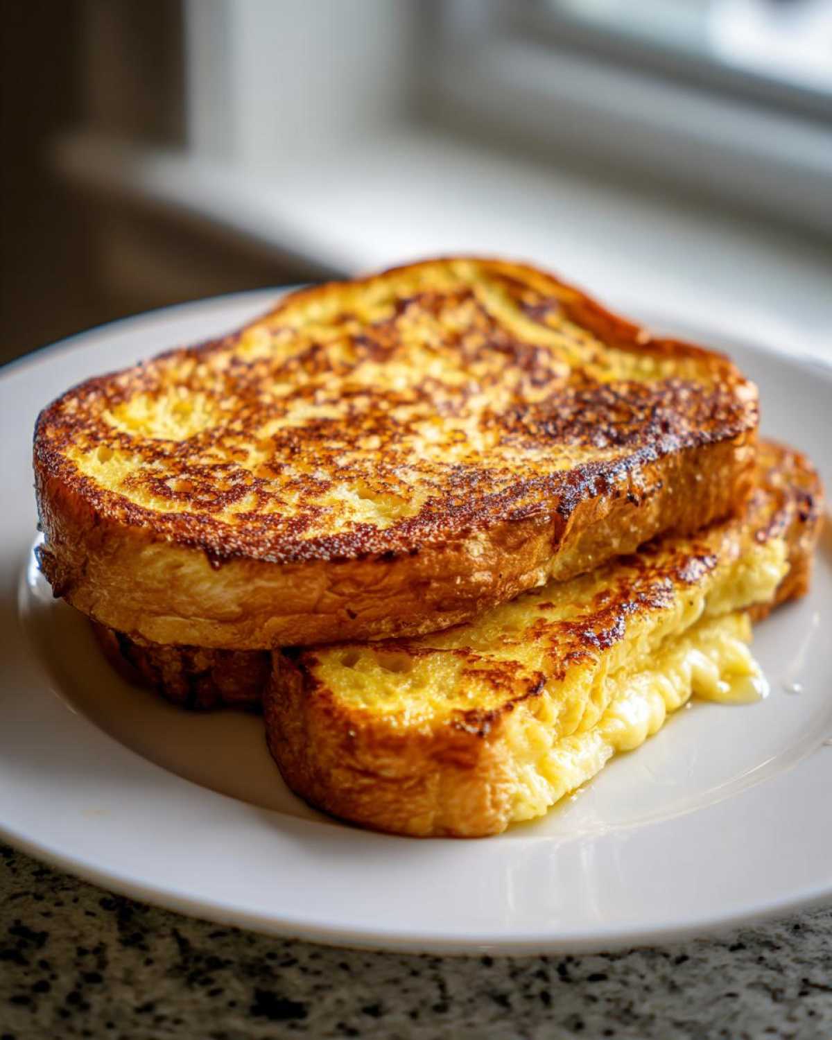 Two thick slices of golden brown sourdough french toast stacked on a white plate, showing a rich, custardy interior.