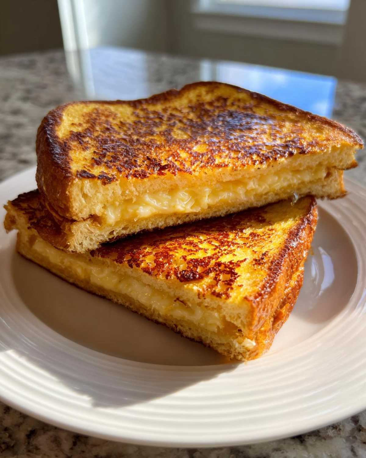 Two halves of golden brown sourdough french toast stacked, showing a thick, creamy filling inside.