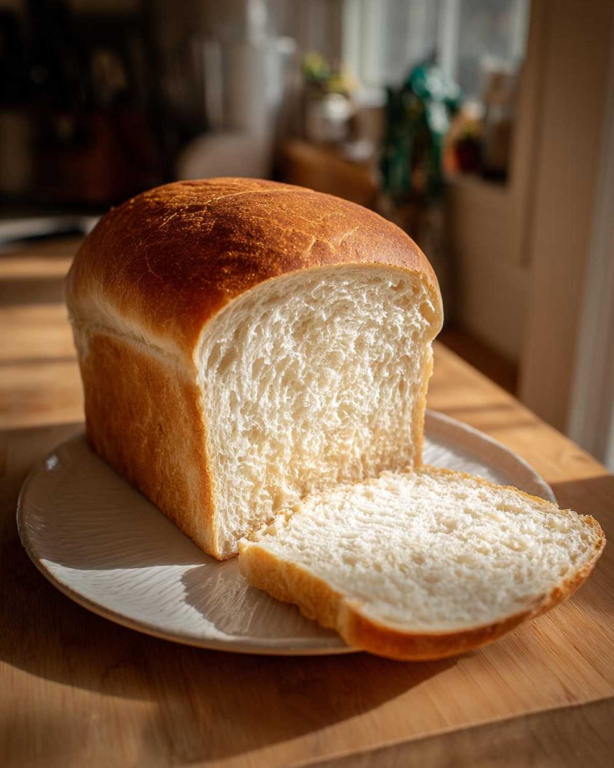 A freshly baked loaf of soft sourdough sandwich bread, partially sliced, sitting on a plate.