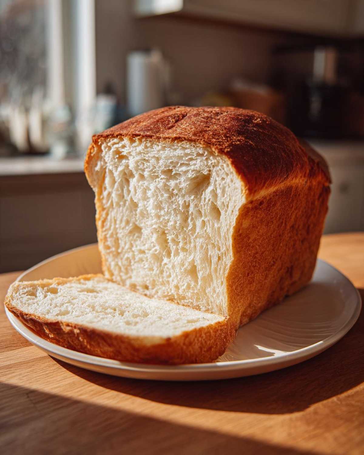 A freshly baked loaf of sourdough sandwich bread, sliced open to show the soft white crumb, sitting on a plate.