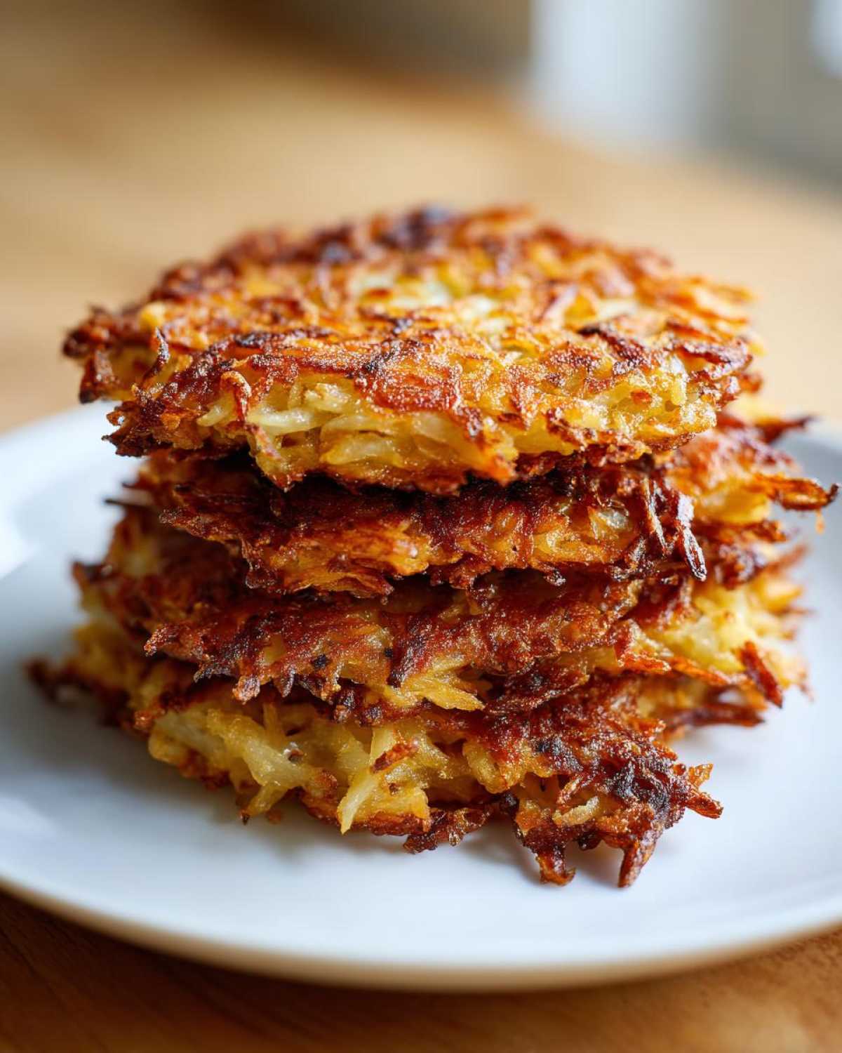 A tall stack of five perfectly golden brown and crispy potato latkes served on a white plate.