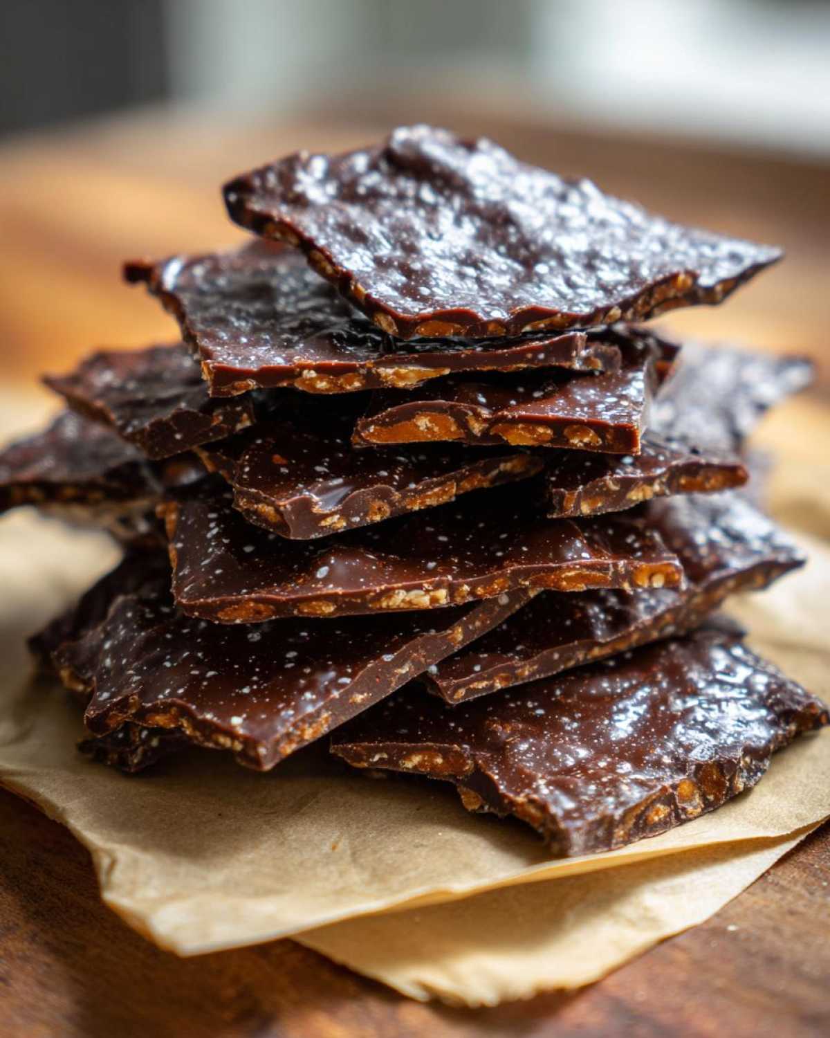A stack of broken pieces of dark chocolate saltine cracker toffee sprinkled with sea salt.