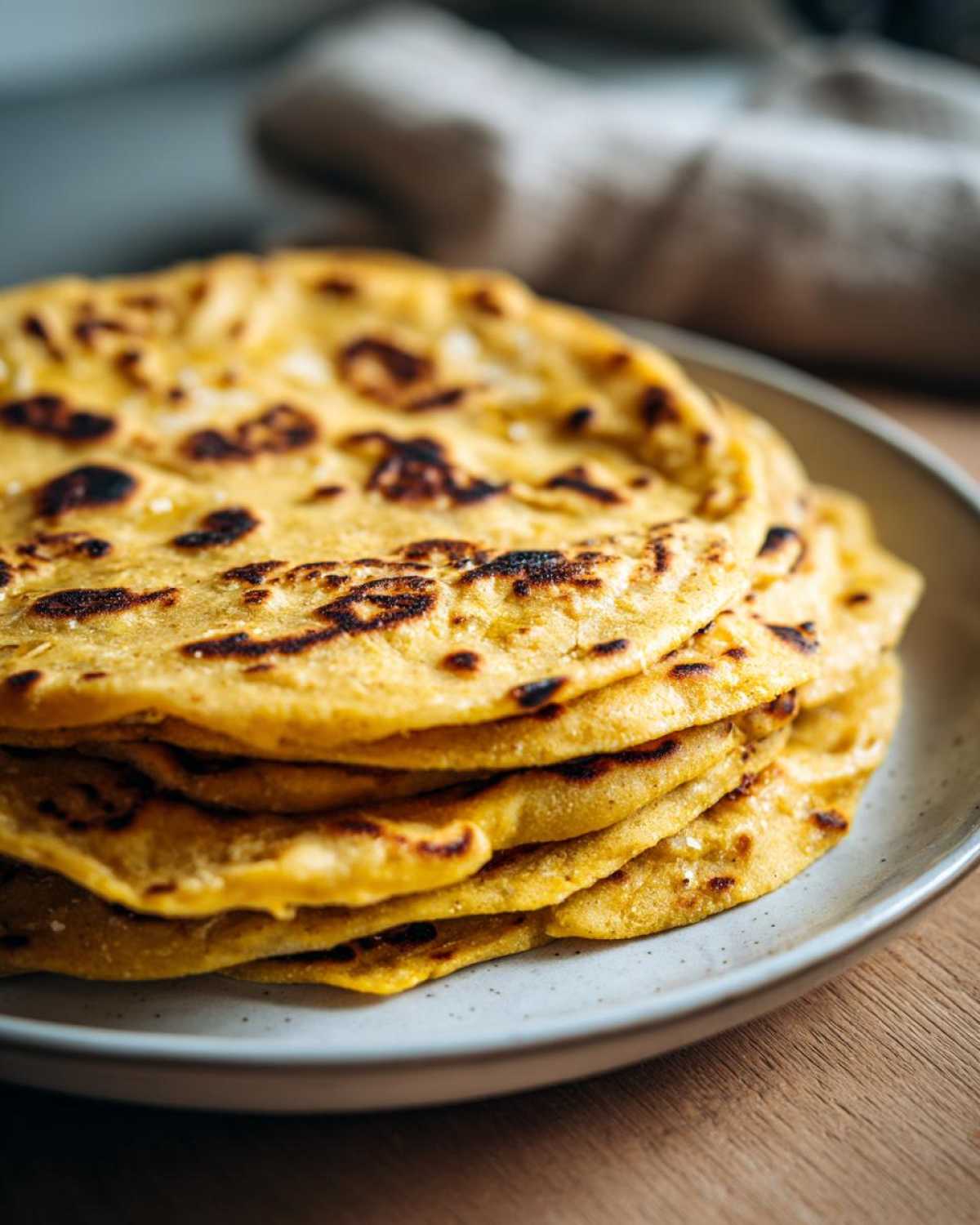 A close-up stack of freshly cooked, slightly charred soft corn tortillas on a speckled plate.