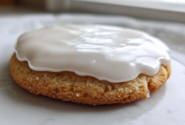 Close-up of a golden sugar cookie topped with thick, glossy white cookie icing.