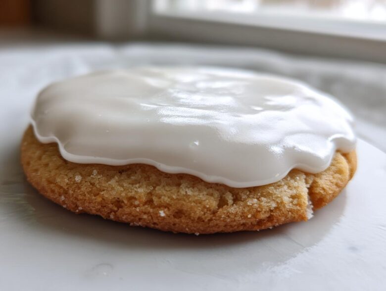 Close-up of a golden sugar cookie topped with thick, glossy white cookie icing.