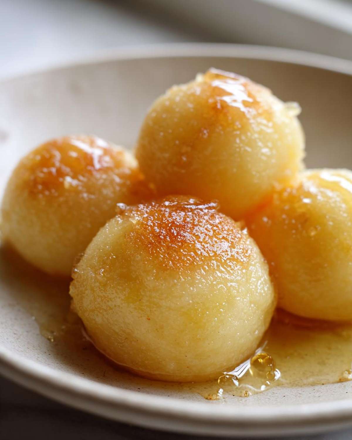 Four golden, round potato dumplings glazed with caramelized sugar or honey, served in a shallow bowl.