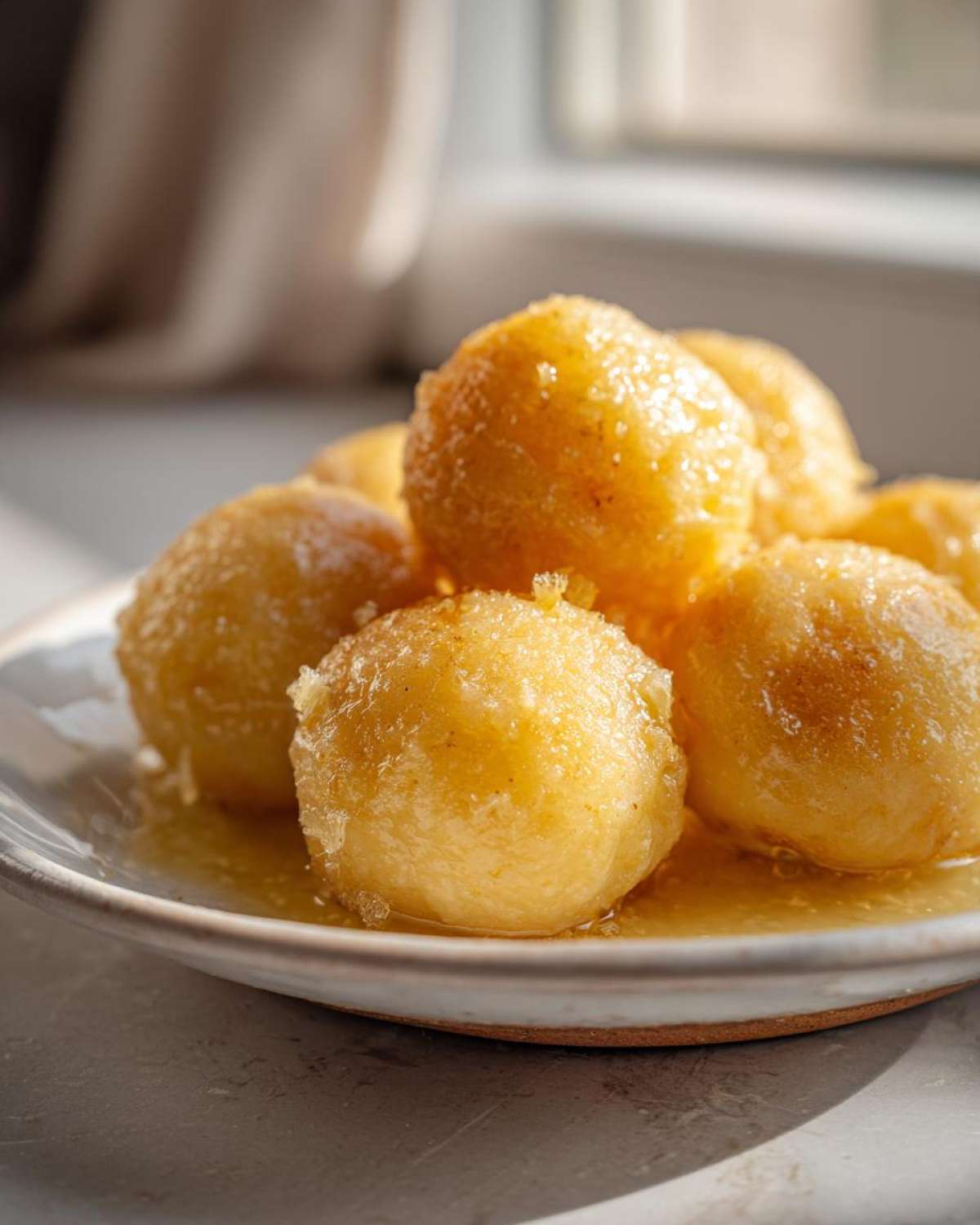 Close-up of several golden, round potato dumplings served in a light syrup on a rustic plate.