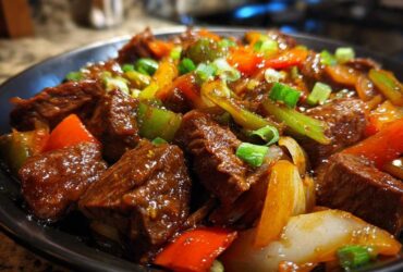 Close-up of tender pepper steak cubes coated in a rich sauce with colorful bell peppers and onions.