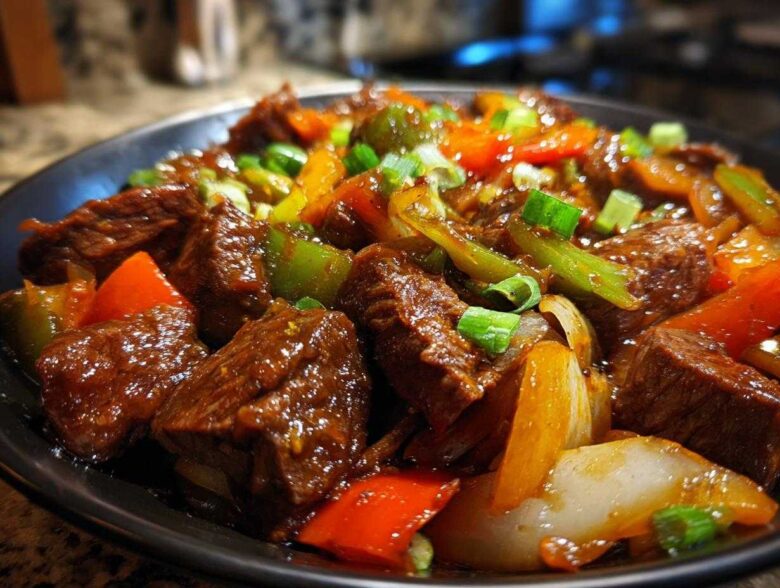 Close-up of tender pepper steak cubes coated in a rich sauce with colorful bell peppers and onions.
