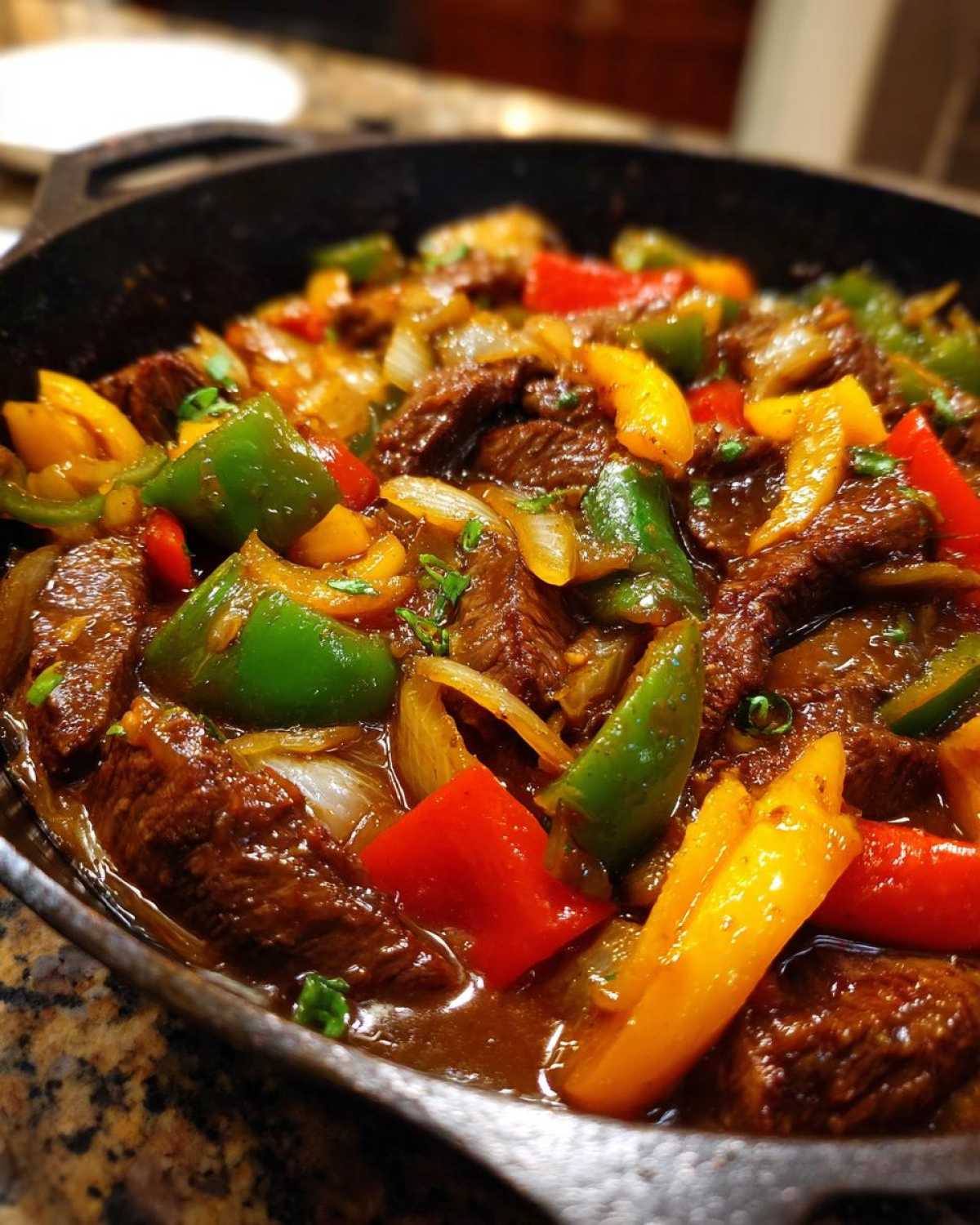 Close-up of rich, saucy pepper steak featuring tender beef strips, green, red, and yellow bell peppers, and onions in a dark skillet.