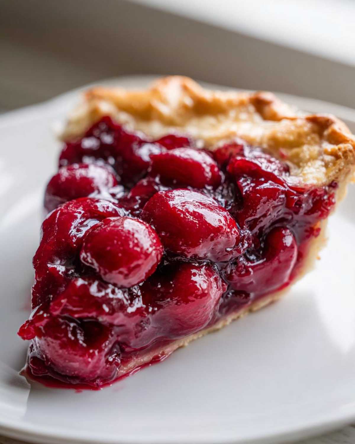 Close-up of a slice of pie showcasing thick, glossy cherry pie filling and a flaky crust.