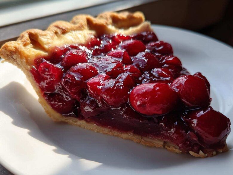 A close-up of a slice of pie generously topped with thick cherry pie filling and whole cherries.