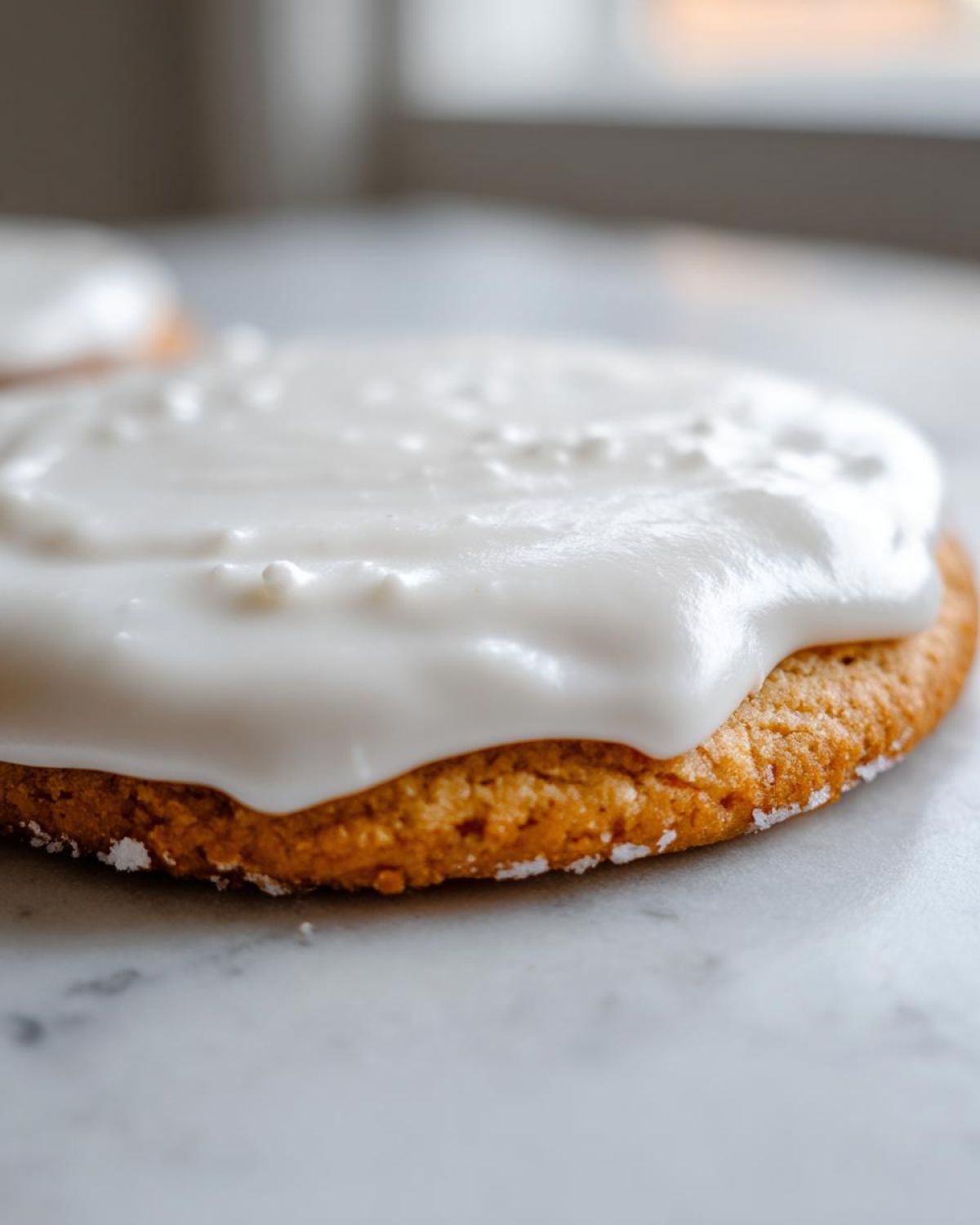 Close-up of a round, golden cookie generously topped with thick, creamy white cookie icing.