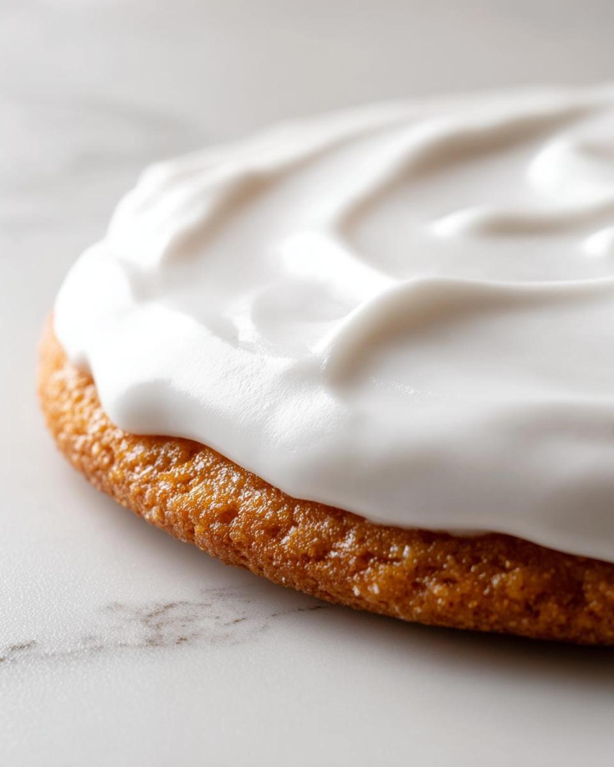 Close-up of a perfectly baked cookie topped with thick, creamy white cookie icing showing soft swirls.