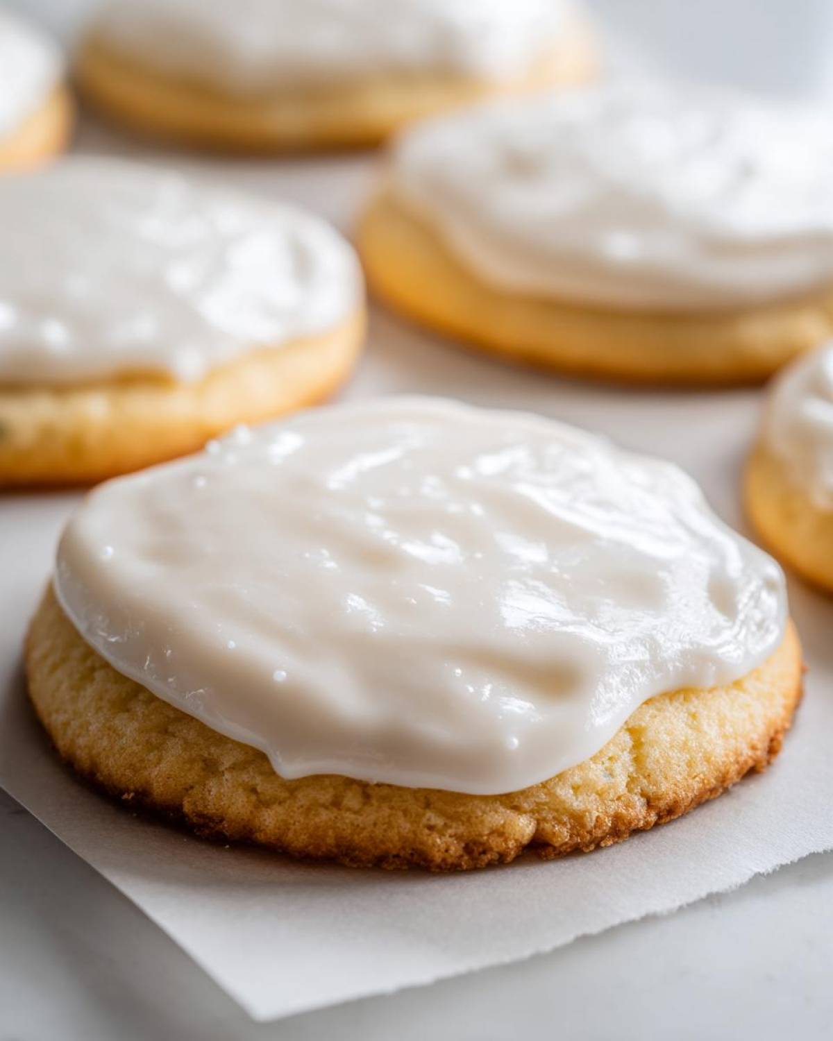Close-up of a soft sugar cookie topped with thick, creamy white cookie icing.