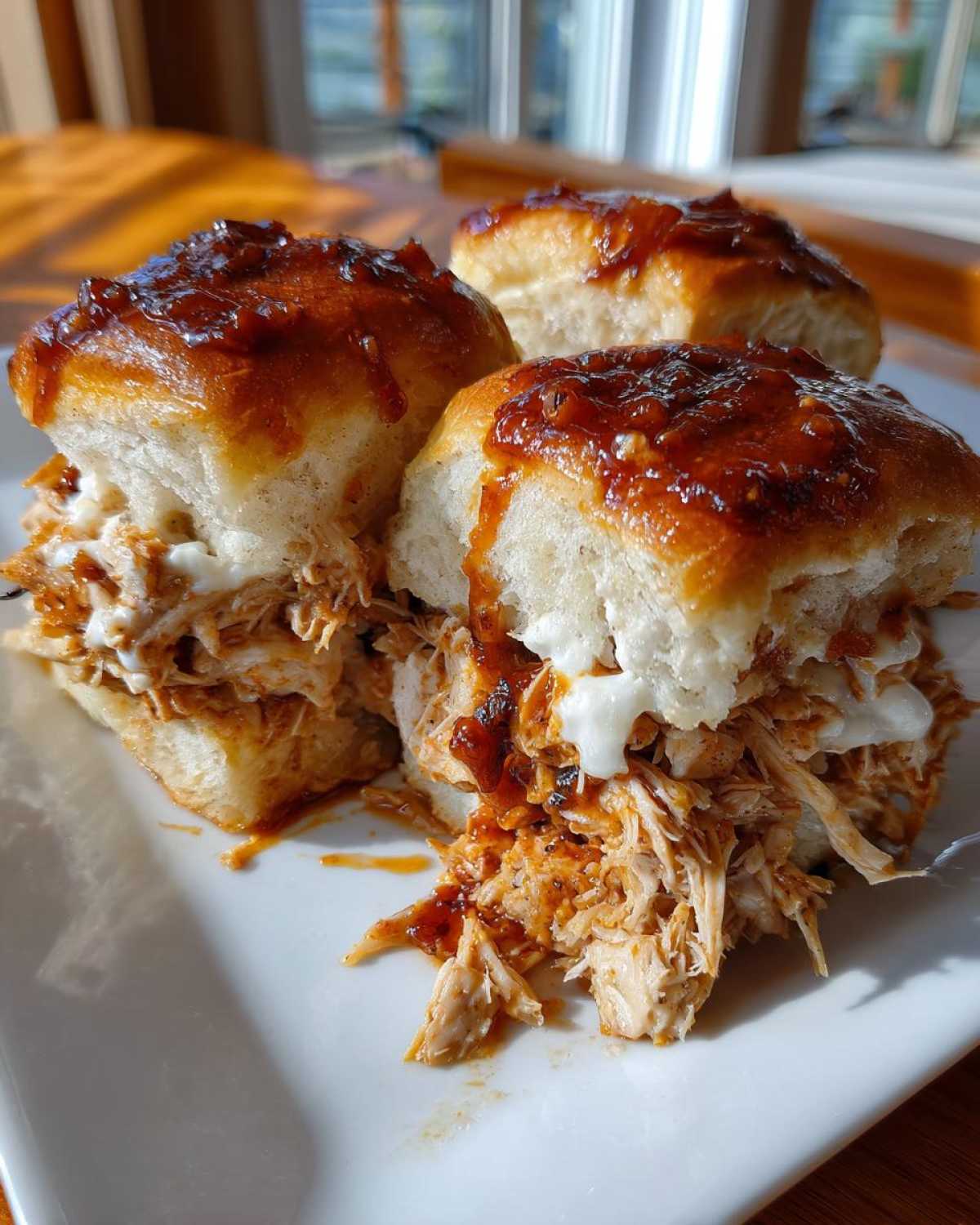 Three homemade bbq chicken sliders piled high with shredded chicken and drizzled with sauce on a white plate.