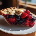 A close-up slice of amazing triple berry pie showing juicy strawberries and blueberries under a flaky golden crust.