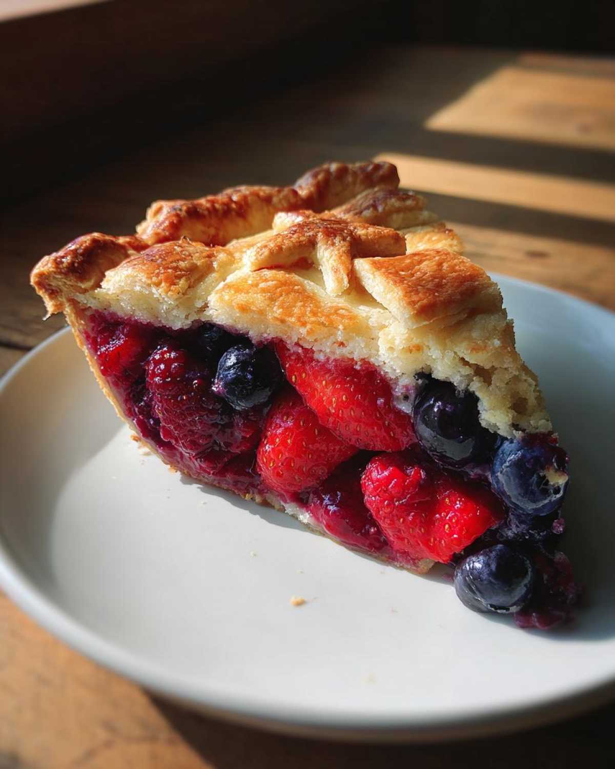 A close-up slice of triple berry pie showing strawberries, blueberries, and raspberries under a lattice crust, served on a white plate.