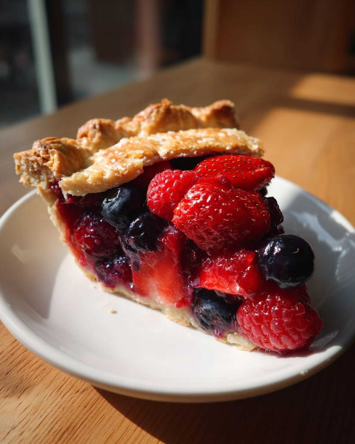 A close-up of a slice of triple berry pie showing fresh strawberries, blueberries, and raspberries piled high on a white plate.