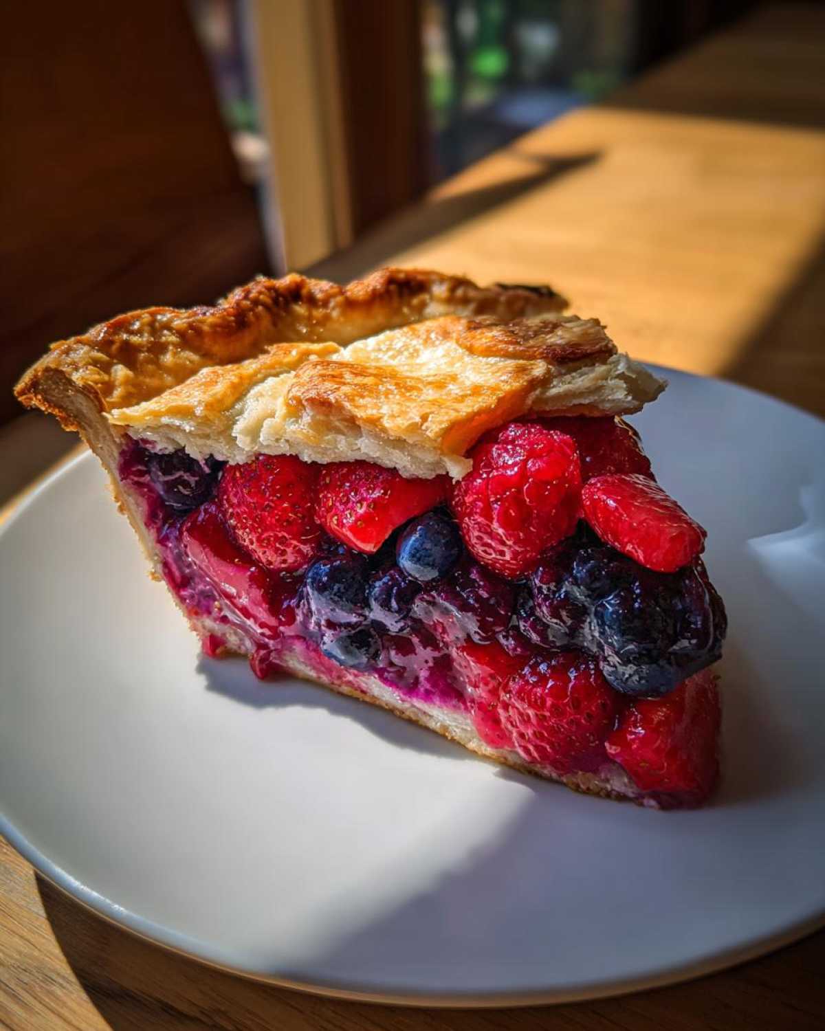 Close-up of a juicy slice of triple berry pie showing strawberries, blueberries, and raspberries in a flaky crust.